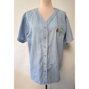 Vintage 90s Womens Denim Baseball Jersey Shirt Embroidery Blue Palm Trees Large